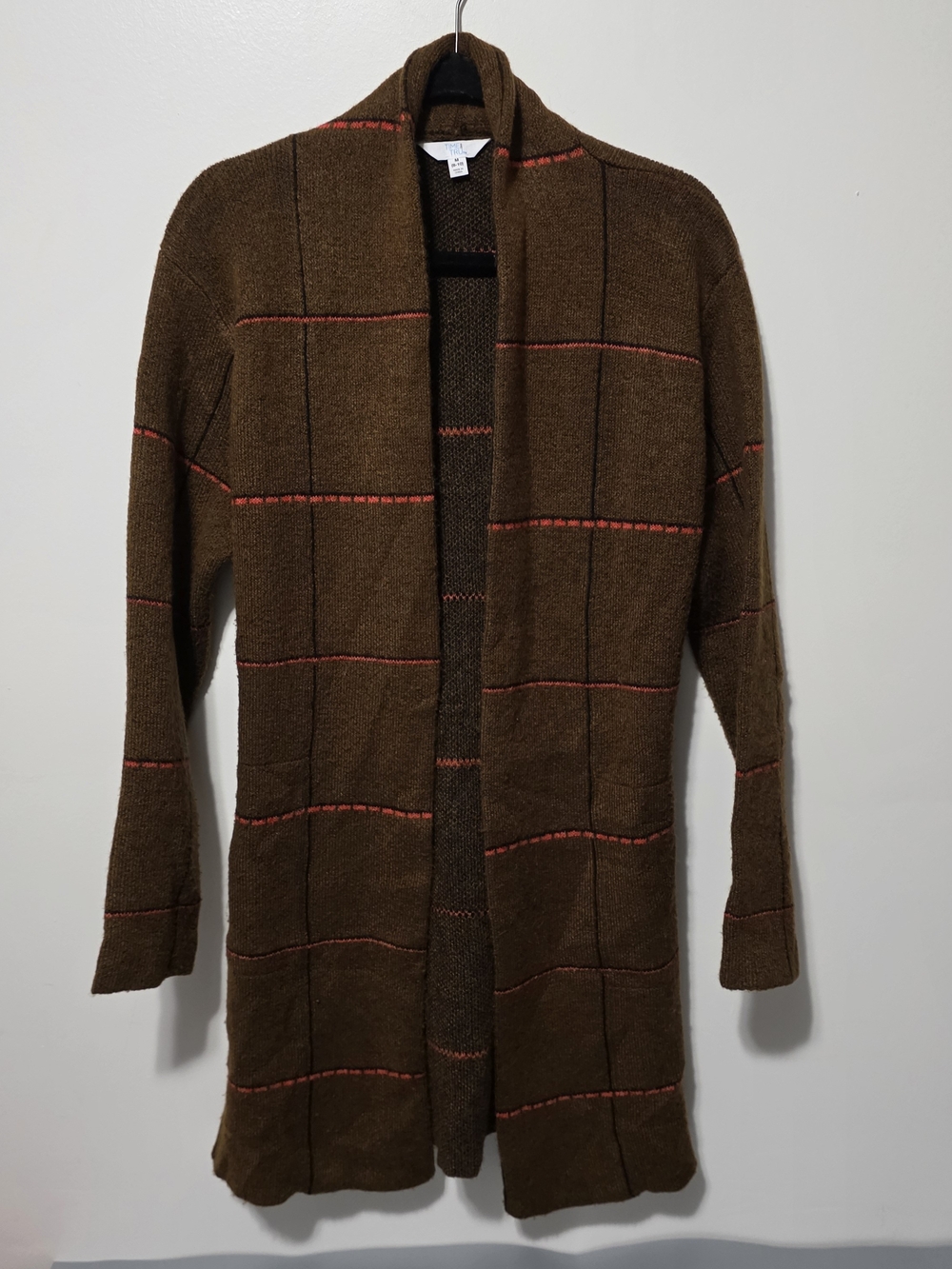 Time and Tru Brown Open-Front Cardigan with Red Stripe Details